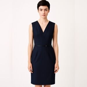 Hugo Boss Virgin Wool Women's Professional Knee length Belted Dress Navy Size 10